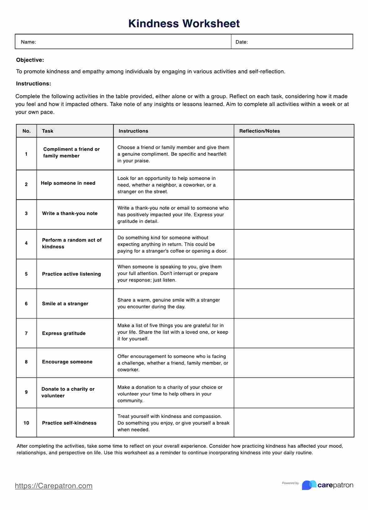 Kindness Worksheet Example Free PDF Download