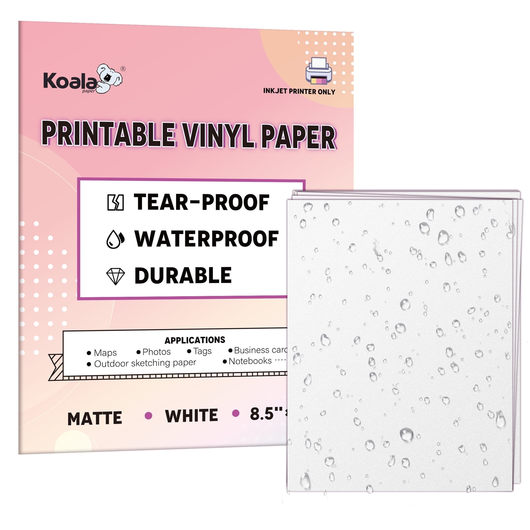 Koala Inkjet Printable Waterproof Vinyl Paper 8 5x11 In Matte White Non Tear Quick Drying 30 Sheets Walmart