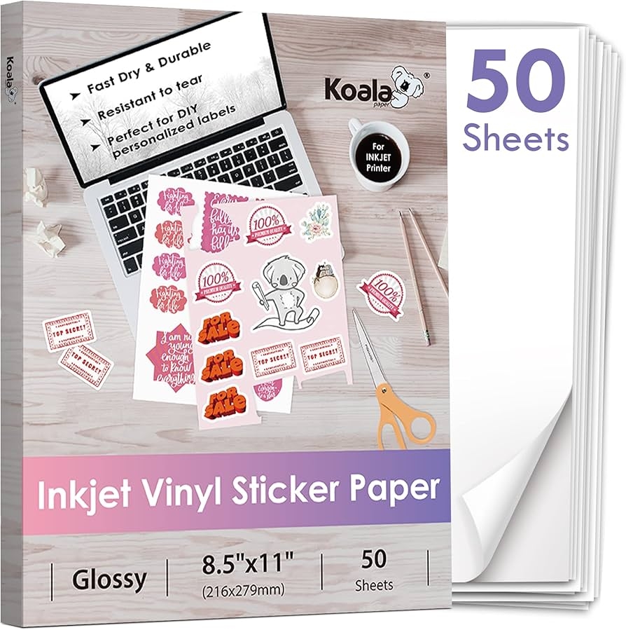 Koala Printable Vinyl Sticker Paper For Inkjet Printers 50 Sheets White Glossy Sticker Paper Waterproof Sticker Printer Paper 8 5 X 11 Inch Tear Resistant Removable Amazon de Stationery Office Supplies