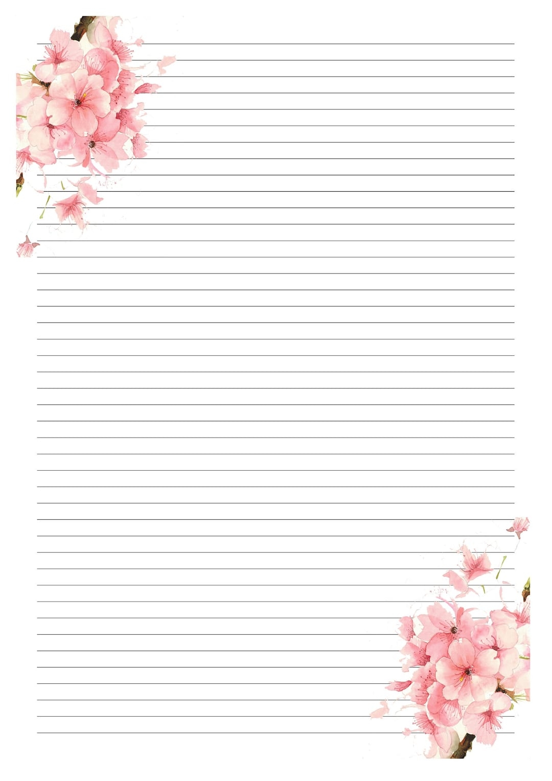 Lined A4 legal Cherry Blossom Themed Writing Paper Printable Instant Download Etsy UK