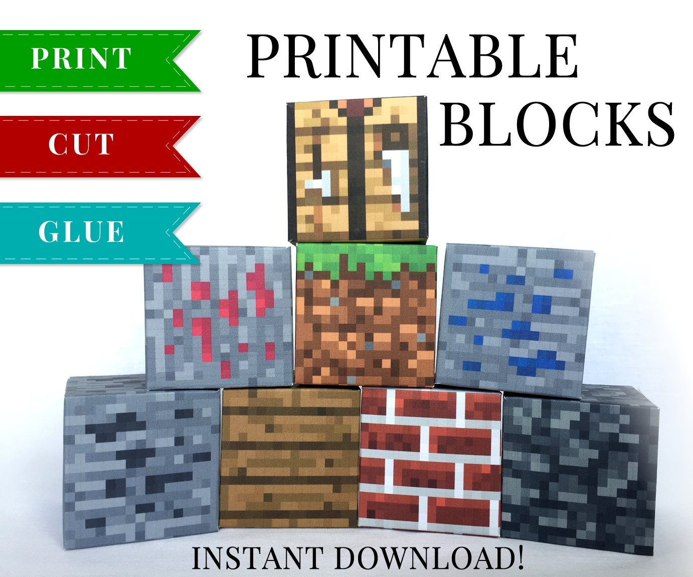 Minecraft Printable Papercraft Blocks SET 3 Minecraft Birthday Party Supplies
