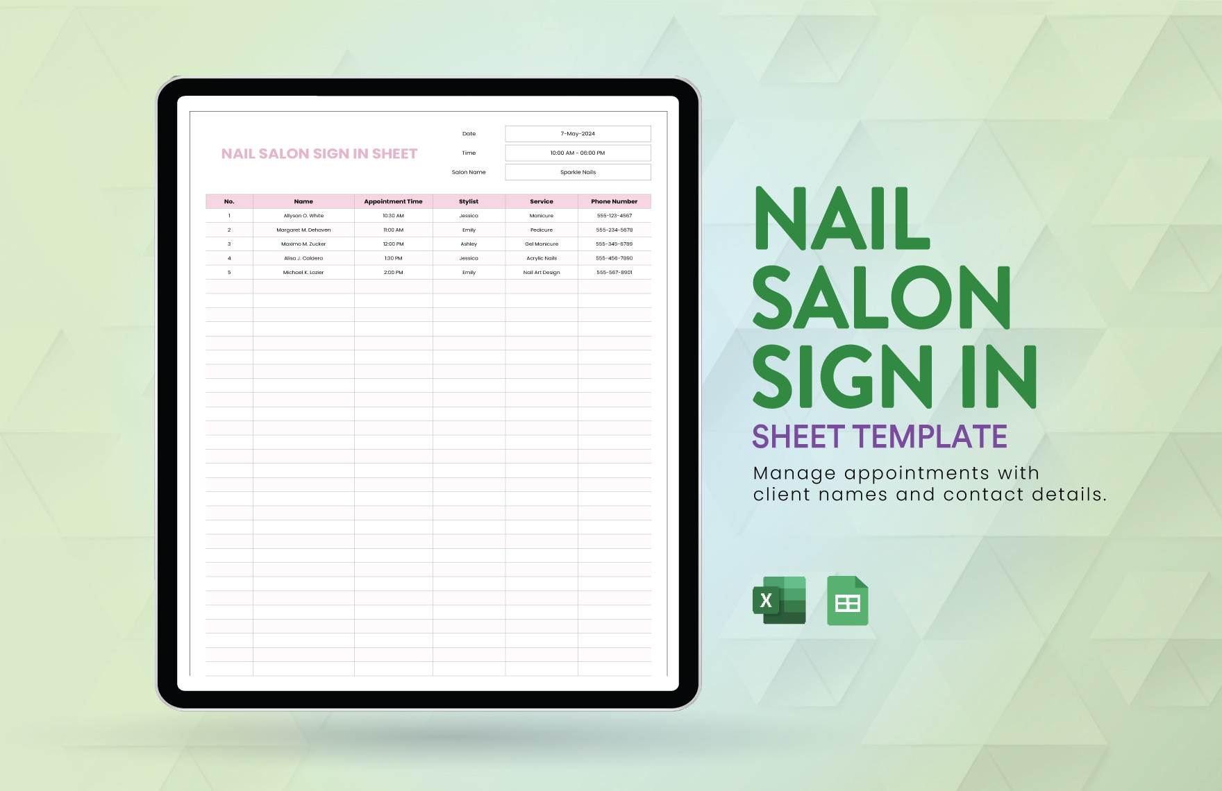 Nail Salon Sign In Sheet Template In Excel Google Sheets Download Template