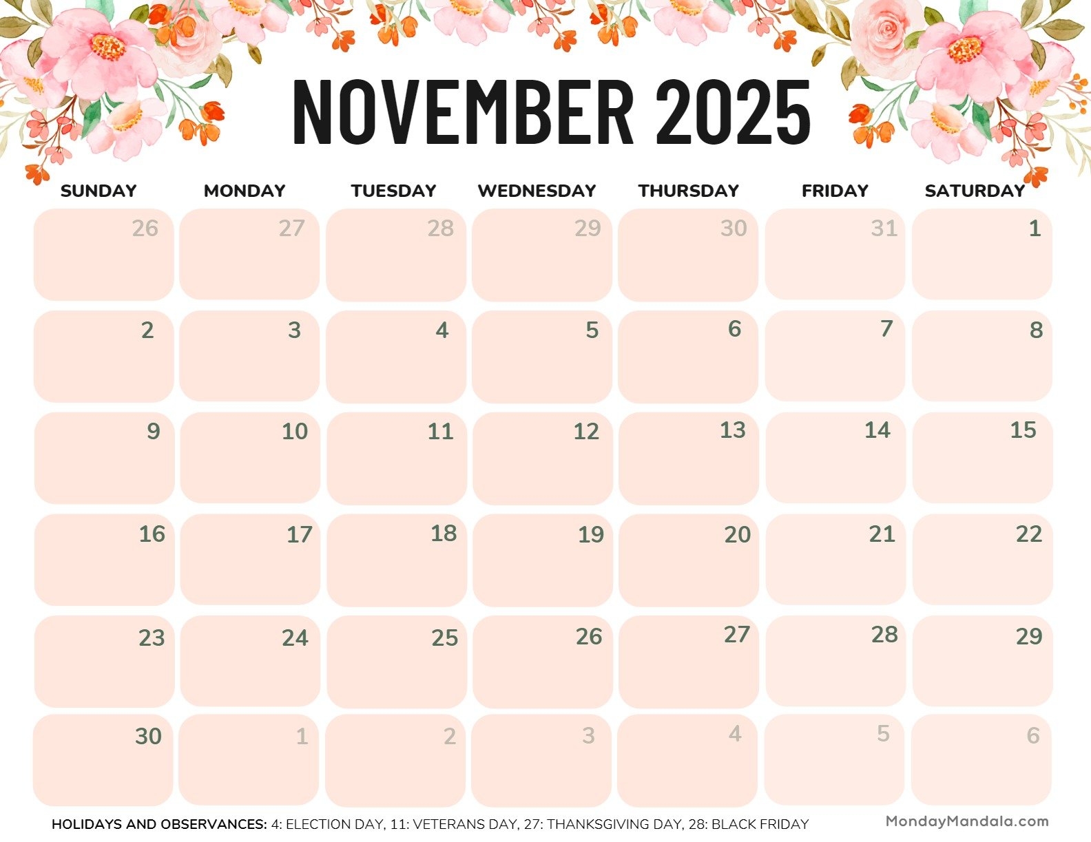 November Calendar 2025 Printable