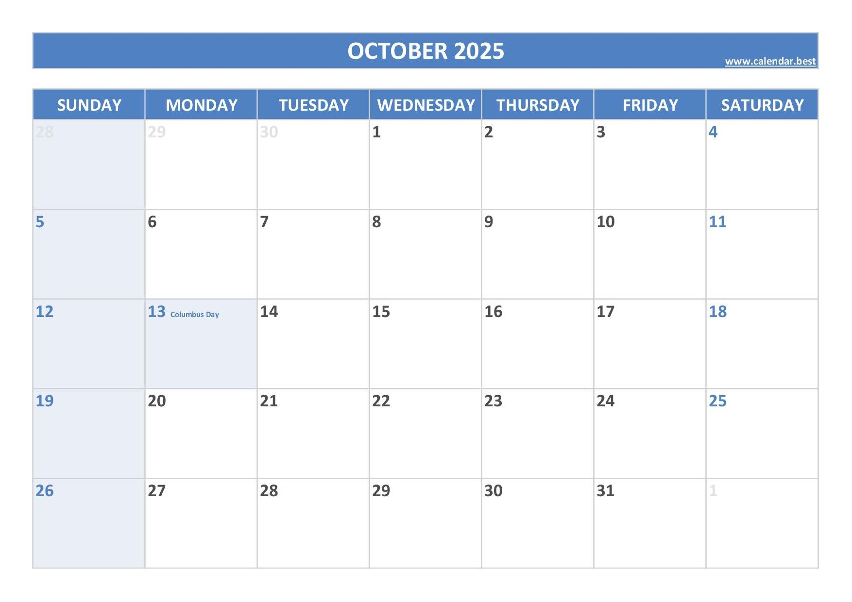 Printable Monthly Calendar October 2025
