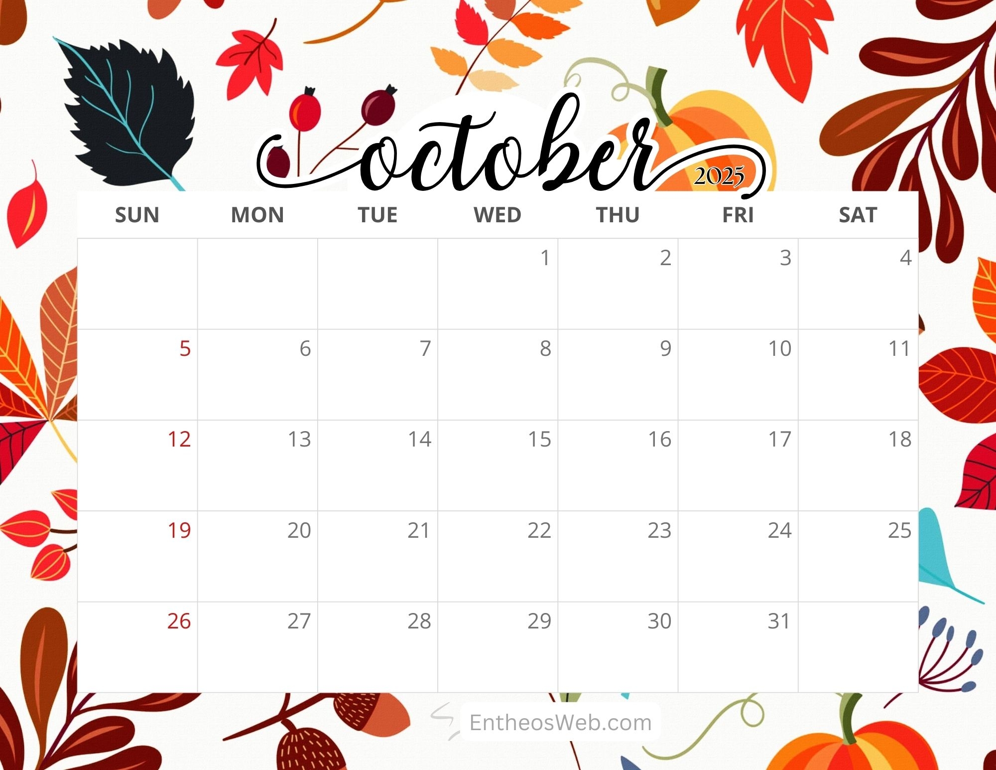 October Calendar Printable 2025