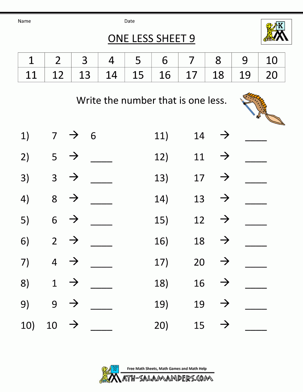 One Less Worksheet