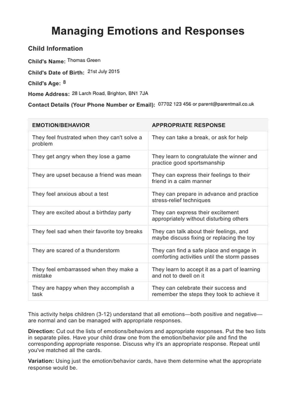 Parenting Skills Worksheet Example Free PDF Download