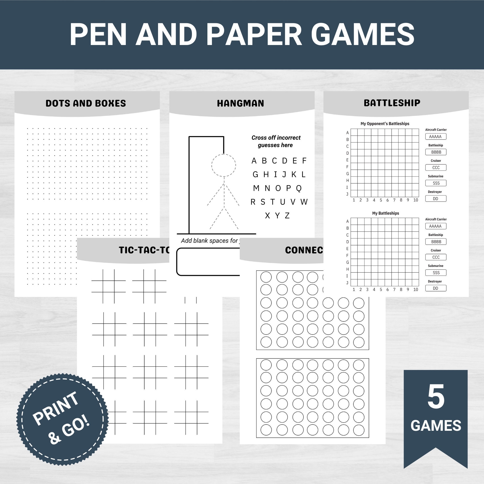 Pen And Paper Printable Games Hangman Printable Battleship Printable Dots And Boxes Printable Tic Tac Toe Printable Printable Games Etsy UK