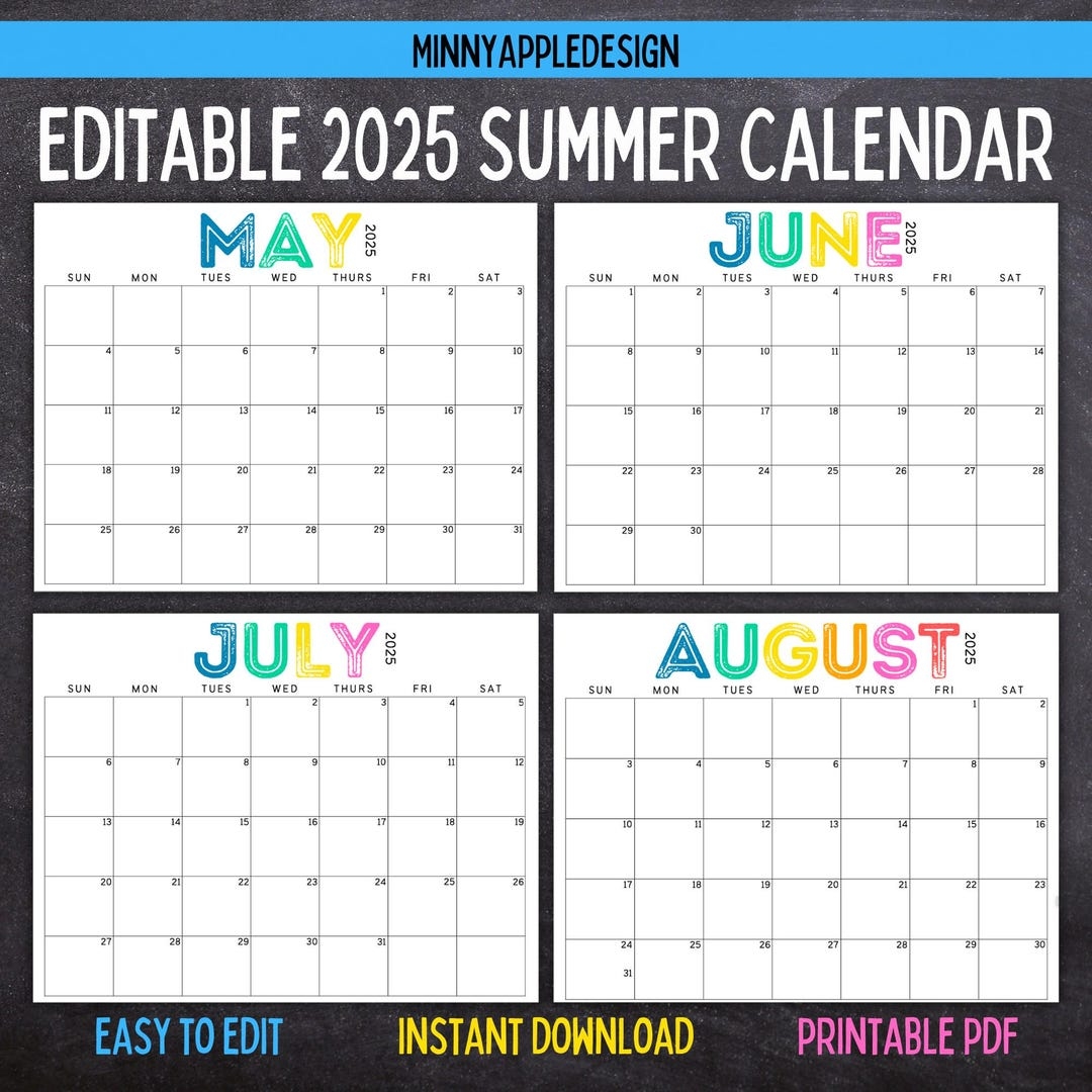 Printable Editable SUMMER Calendar June July August Calendar May 2025 June 2025 July 2025 August 2025 Summer Planner Etsy UK