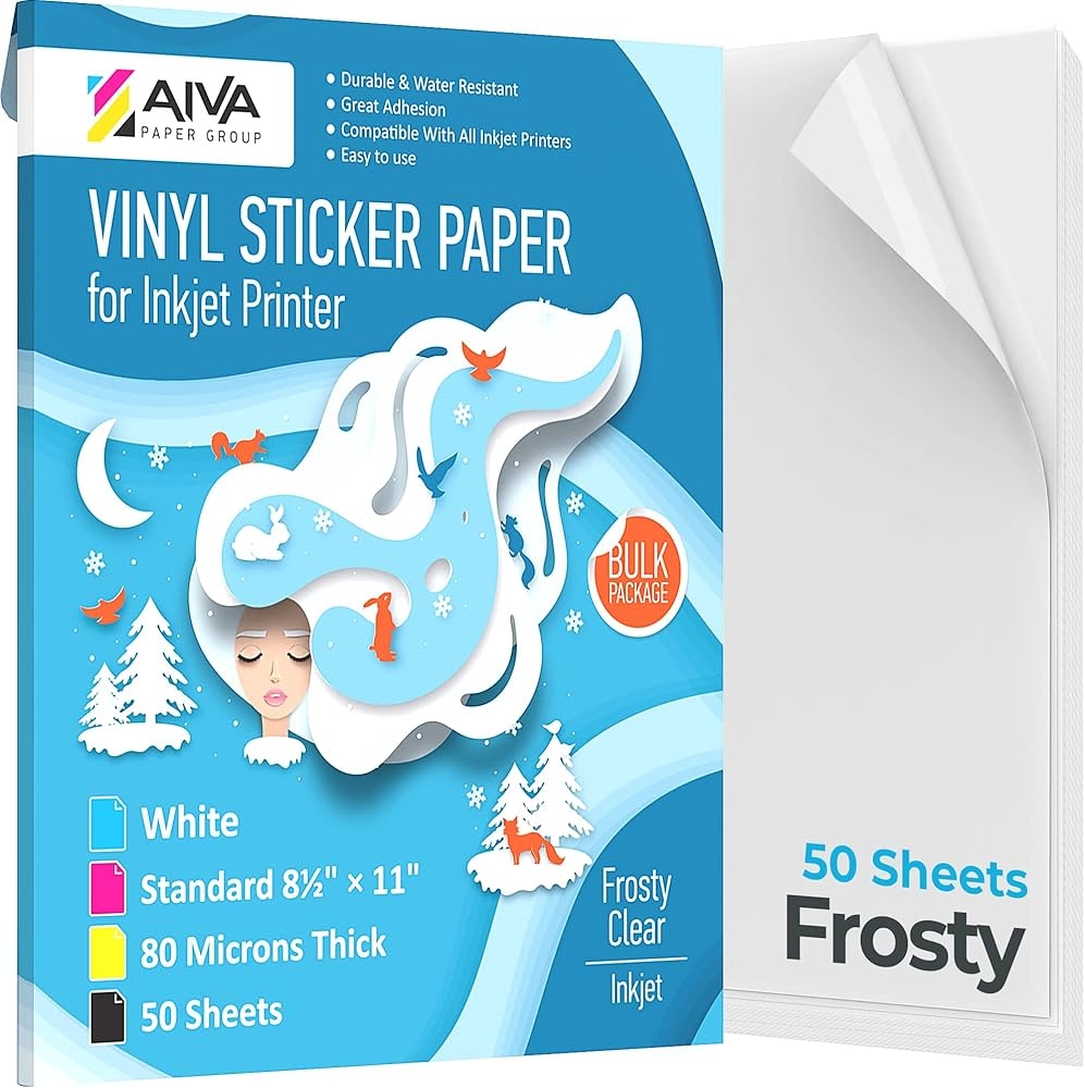 Printable Vinyl Inkjet Sticker Paper Frosty Clear Semi Transparent 50 Self Adhesive Sheets Waterproof Sticker Paper Standard Letter Size 8 5 X 11 Amazon de Stationery Office Supplies