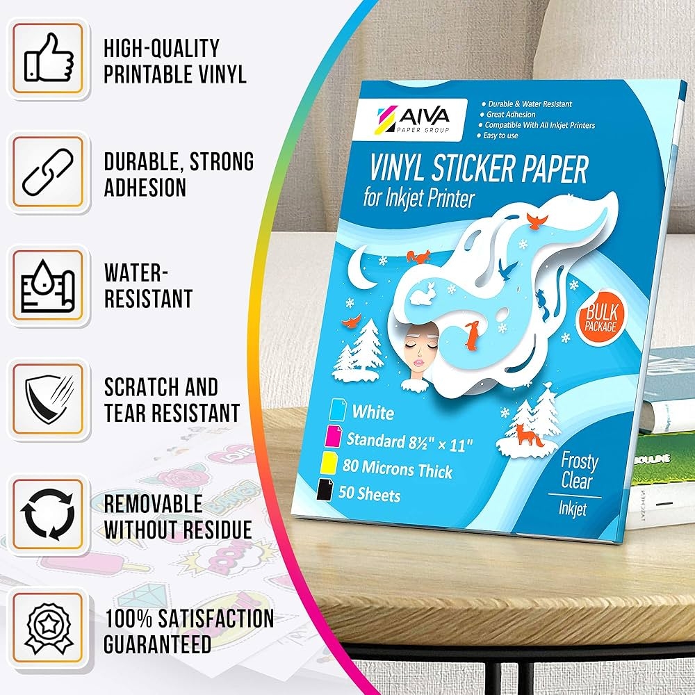 Printable Vinyl Inkjet Sticker Paper Frosty Clear Semi Transparent 50 Self Adhesive Sheets Waterproof Sticker Paper Standard Letter Size 8 5 X 11 Amazon de Stationery Office Supplies