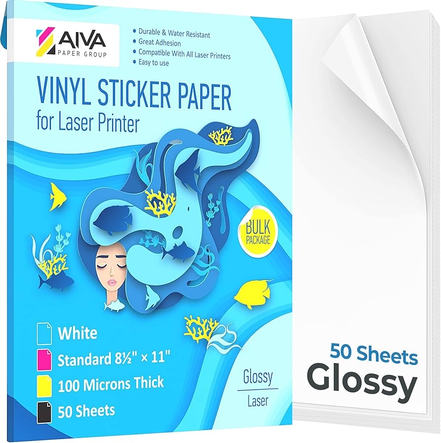 Printable Vinyl Sticker Paper For Laser Printers Gloss White 50 Self Adhesive Sheets Waterproof Sticker Paper Standard Letter Size 8 5 X 11 Amazon de DIY Tools
