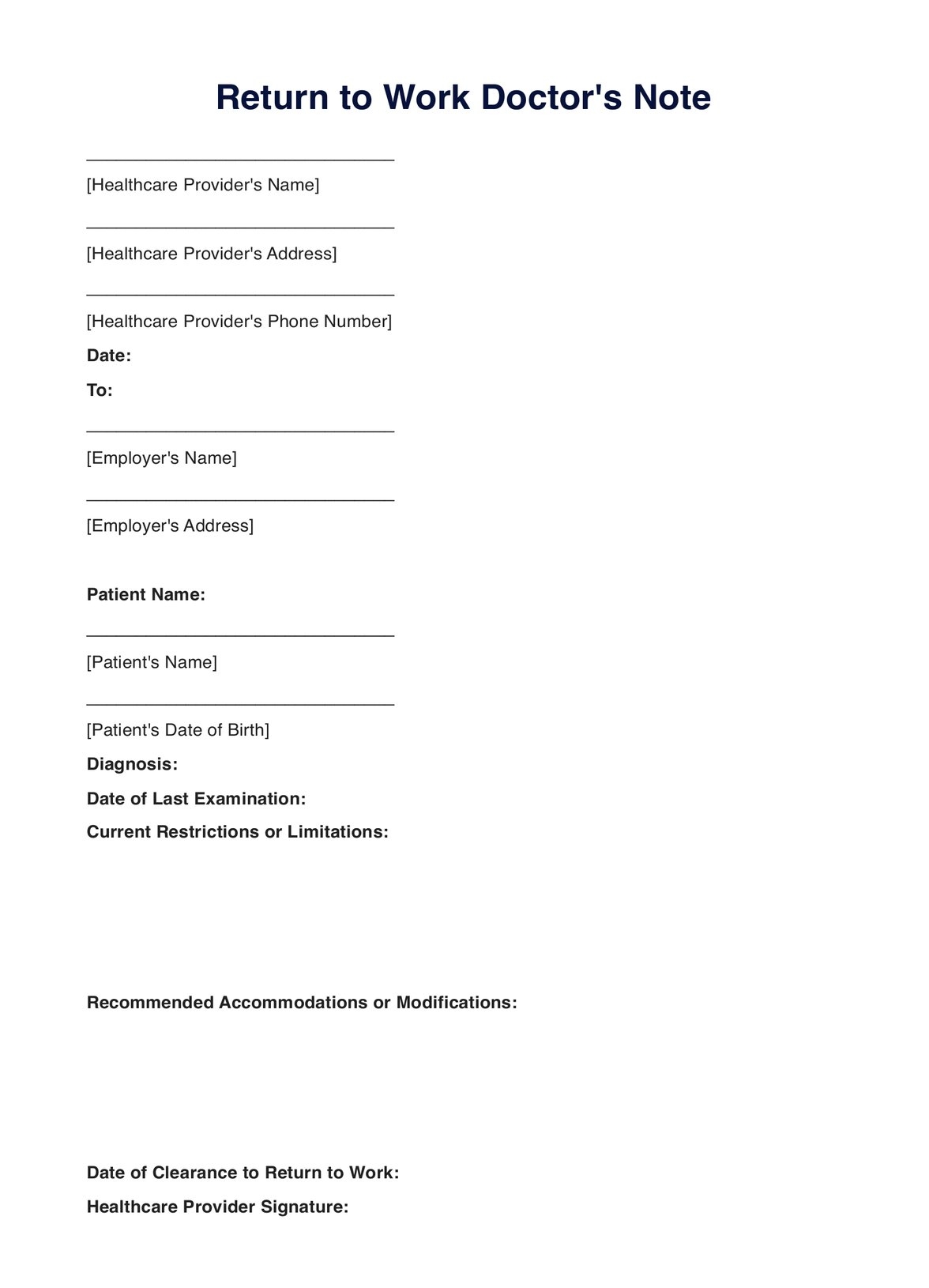 Return To Work Doctors Note Template Example Free PDF Download