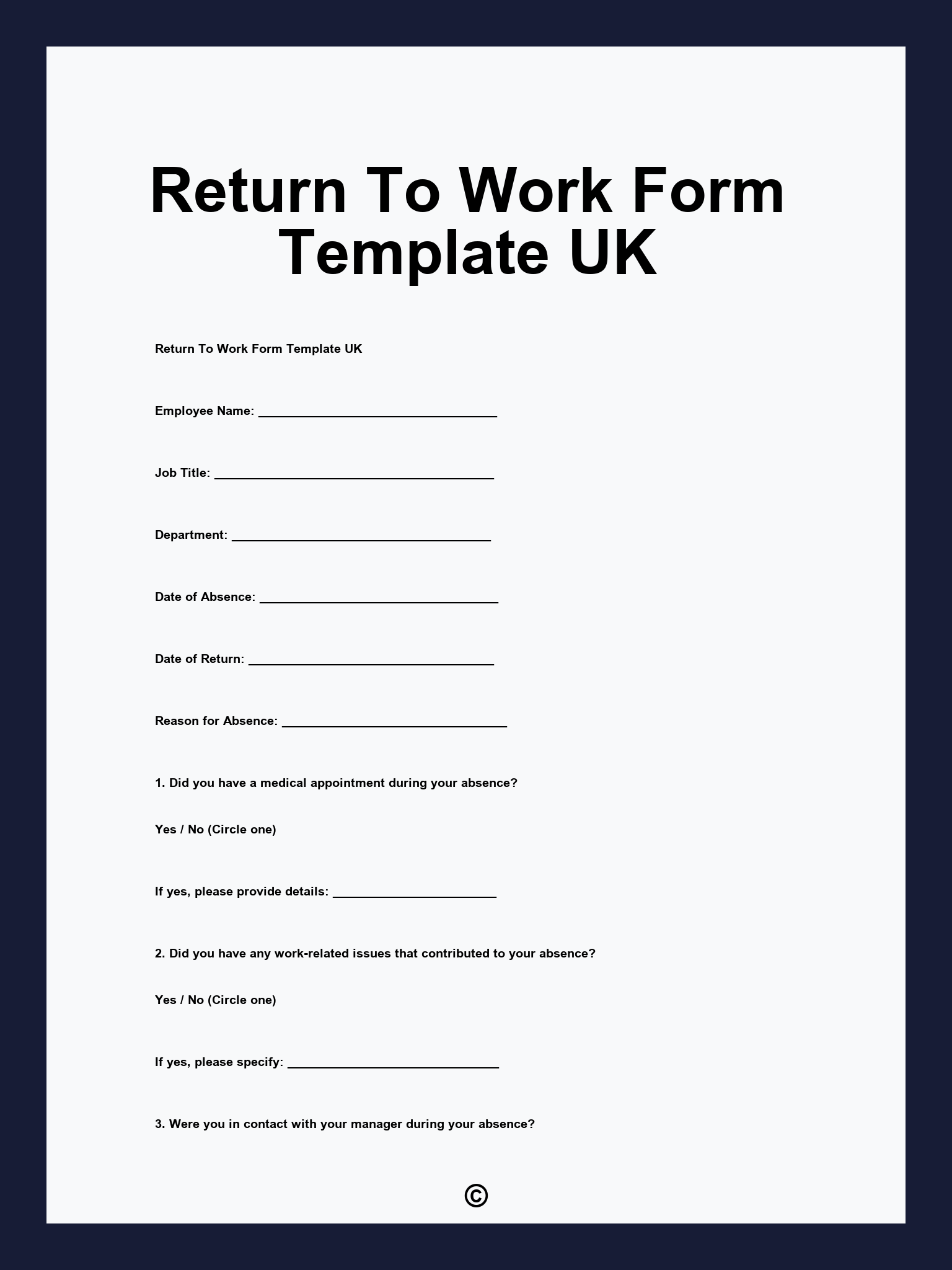 Printable Return To Work Form Pdf