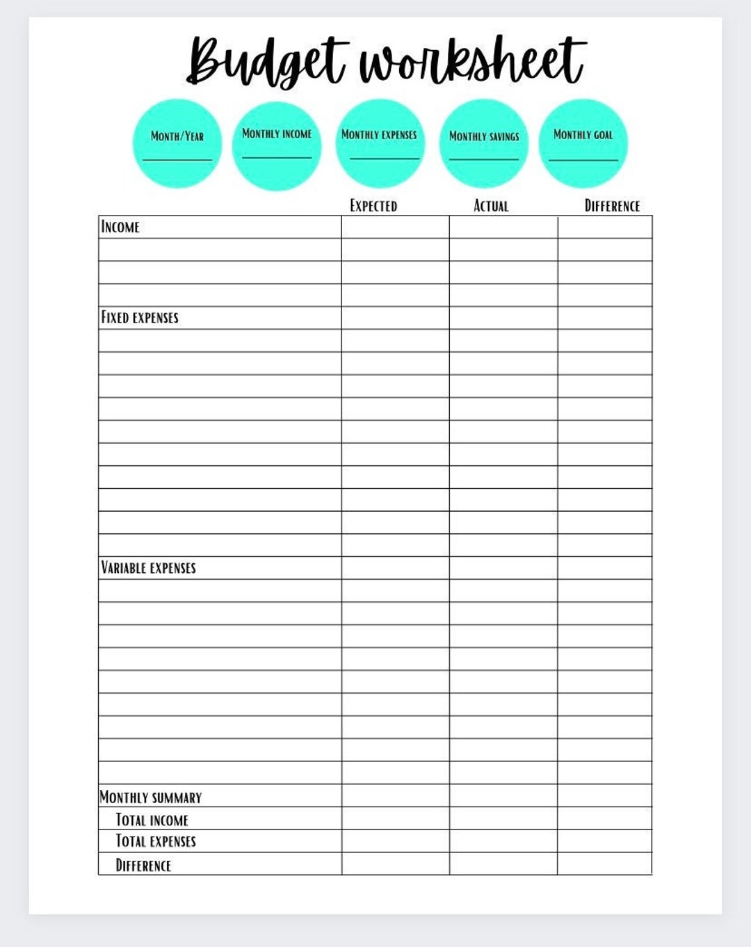 Simple Budget Worksheet Etsy