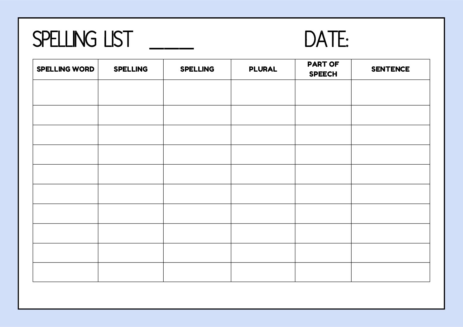 Free Printable Blank Spelling Worksheets