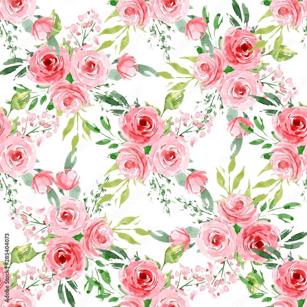 Stock Illustration Seamless Pattern Floral Texture With Watercolor Flowers Roses And Leaves Repeating Fabric Wallpaper Print Background Perfectly For Wrapping Paper Backdrop Frame Or Border Adobe Stock