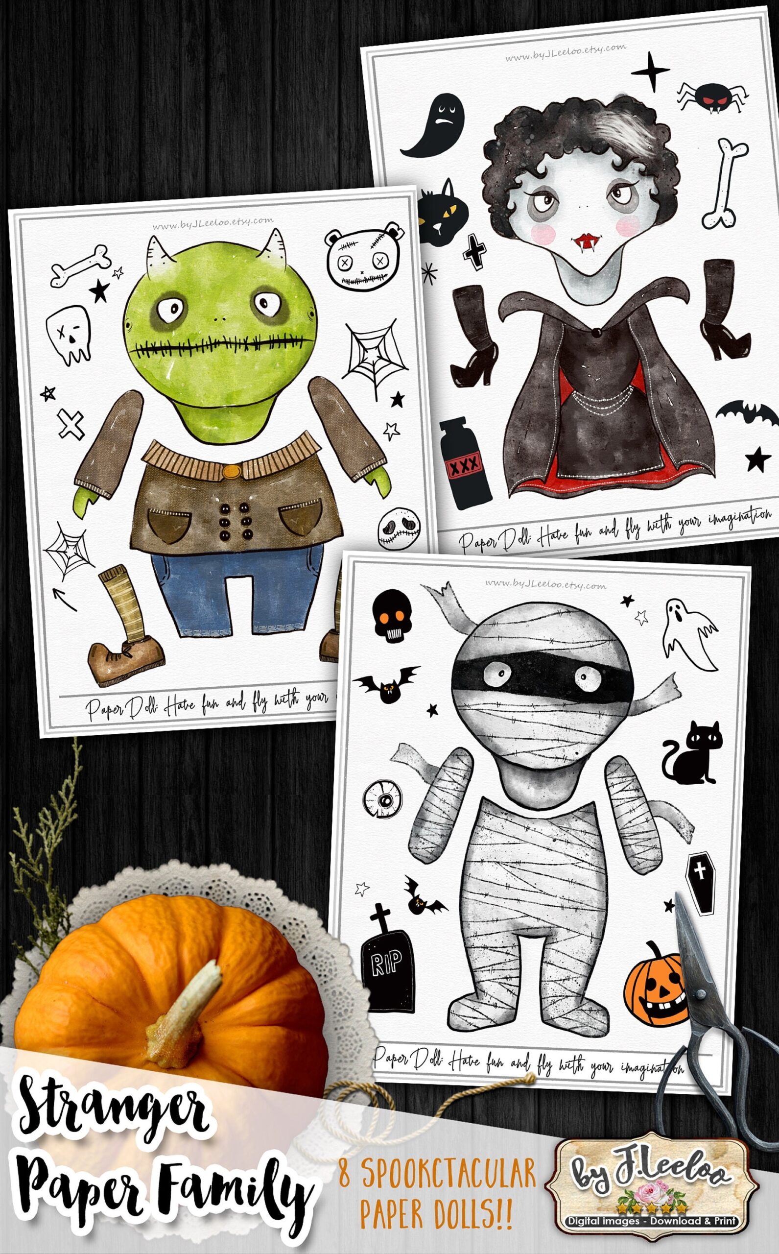 STRANGER PAPER FAMILY Halloween Paper Dolls Hand Drawn Watercolor Scary Altered Art Digital Paper Dolls Printable Pp531 Etsy