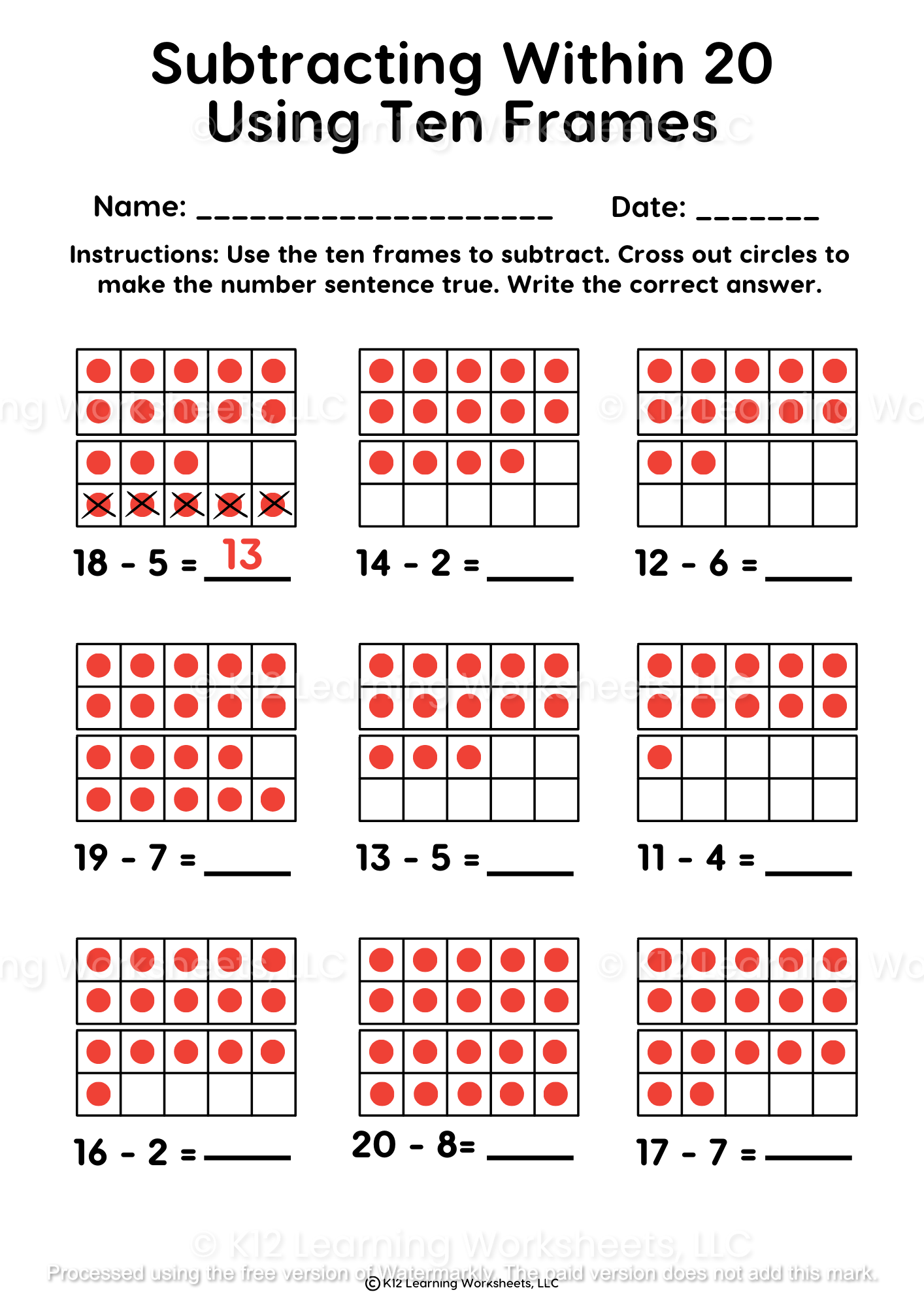 Subtracting Within 20 Using Ten Frames K12 Learning Worksheets Worksheets Library