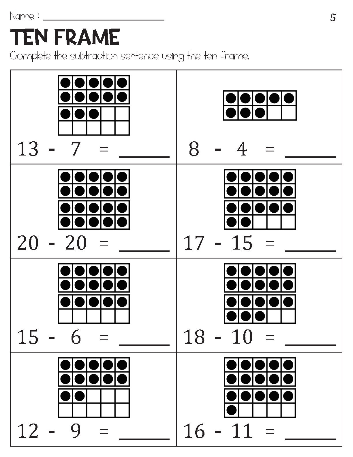 Subtraction Within 20 With Ten Frame Pictures Worksheets Etsy UK