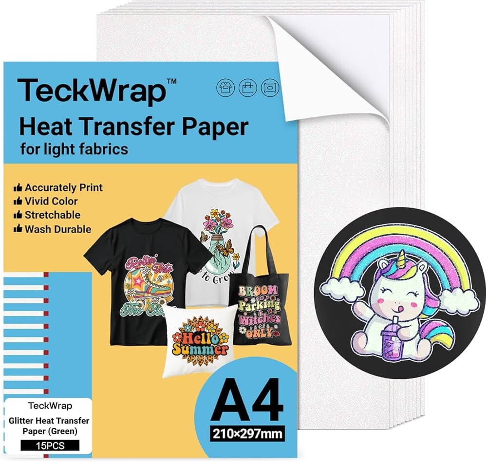 TECKWRAP Printable Heat Transfer Paper For T Shirts 15 Sheets 8 3 X 11 7 Inch Printable Heat Transfer Vinyl For Inkjet Printer Iron On Transfer Paper For Light Fabrics Glitter Green Amazon de 