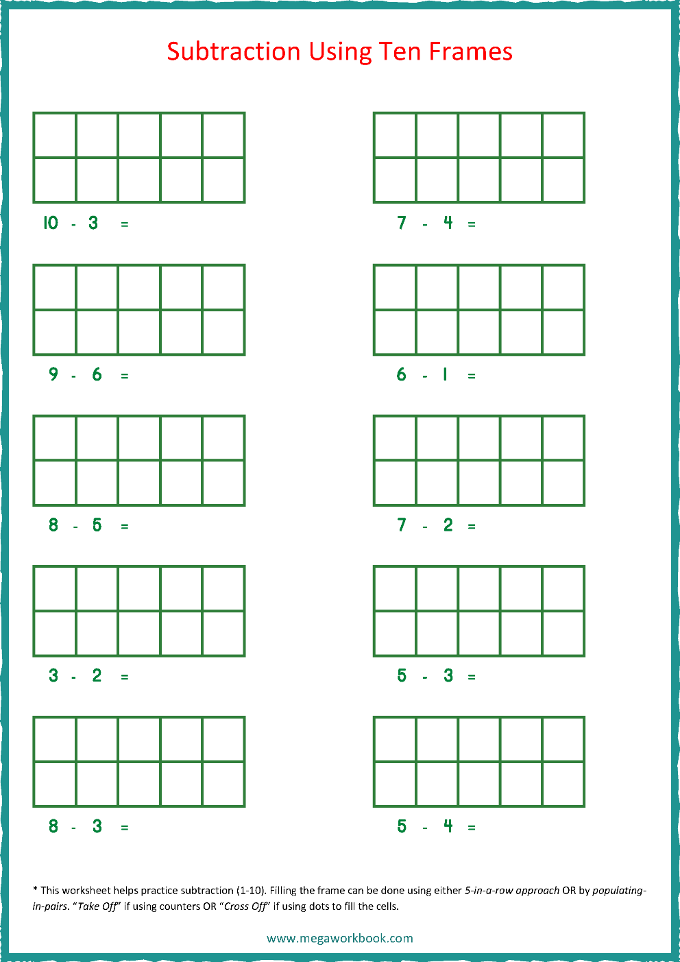 Ten Frame Worksheets Ten Frames 10 Frames Counting Addition Subtraction Even Odd Number Relationships Etc MegaWorkbook