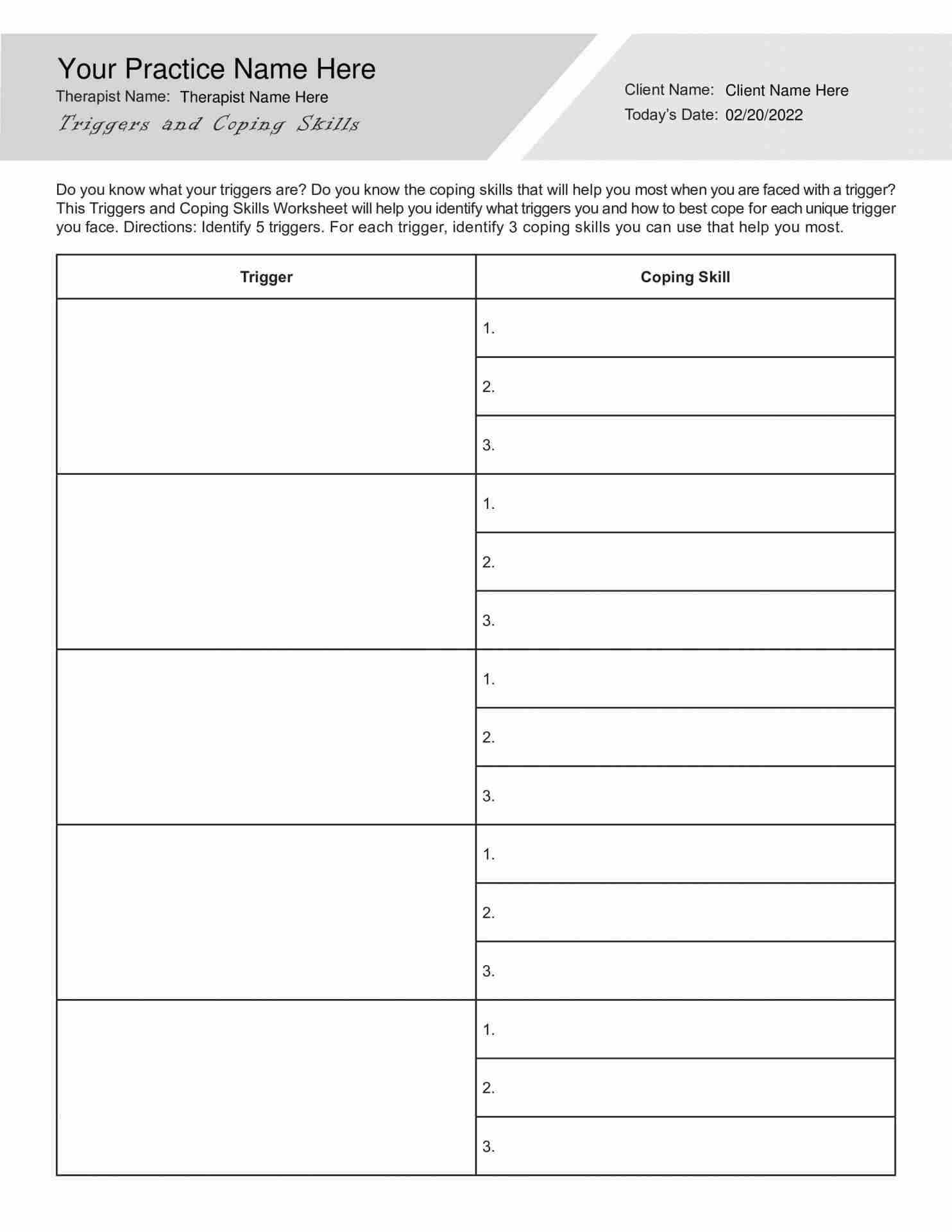 Triggers And Coping Skills Bargain Worksheet