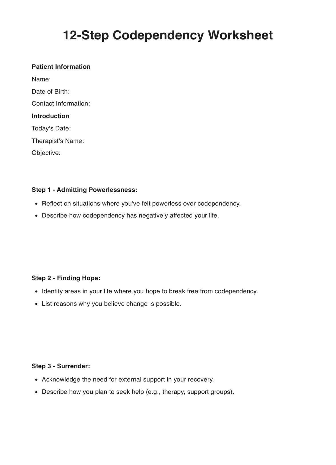 12 Step Codependency Worksheets Example Free PDF Download