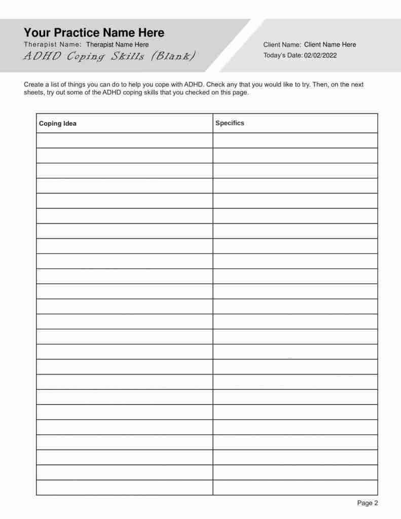 ADHD Coping Skills Worksheet Editable Fillable Printable PDF TherapyPatron