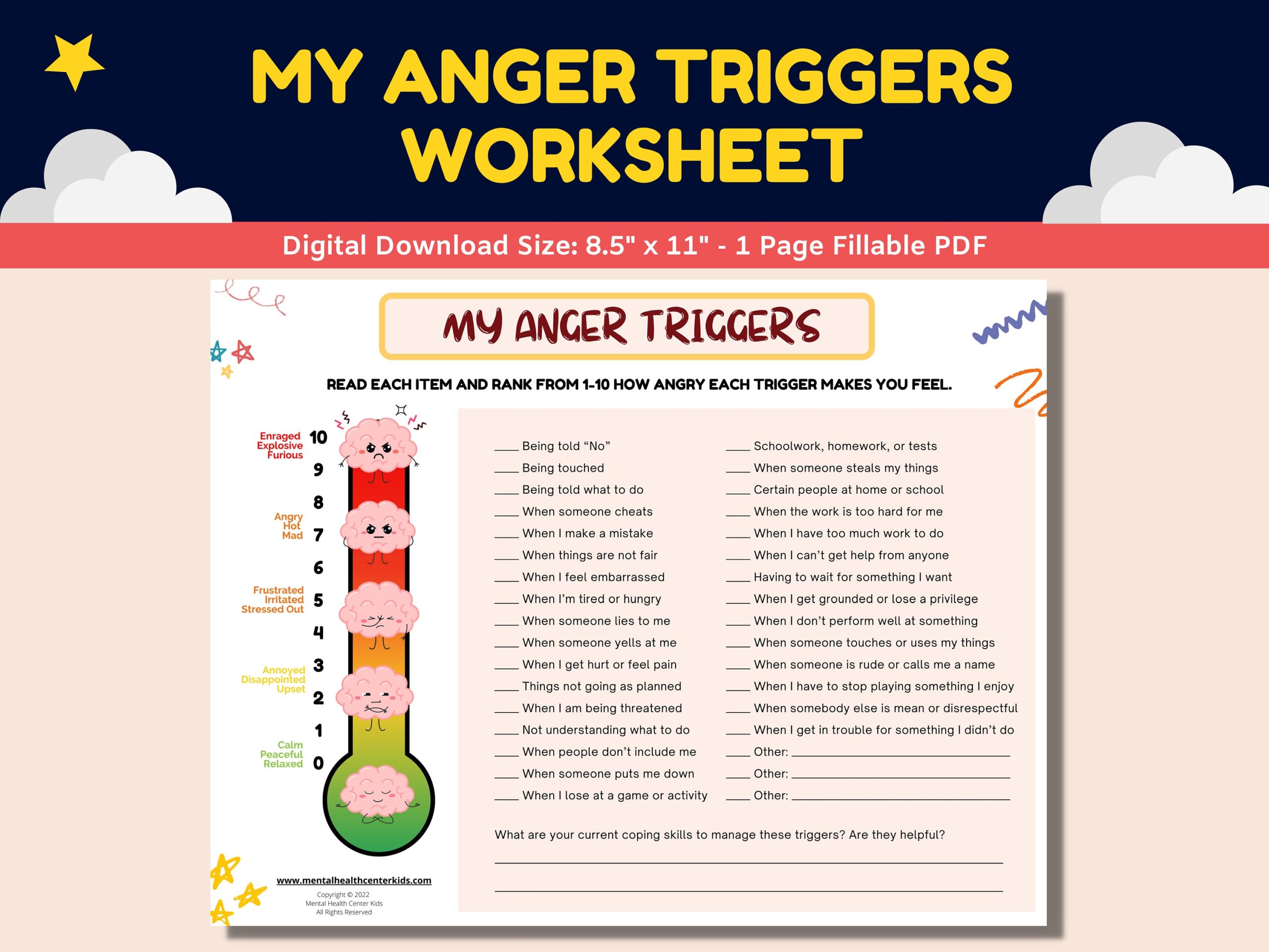 Anger Triggers Fillable Worksheet Kids Children With Anger Thermometer mental Health Printable Child Therapy Counseling Treatment Worksheets Etsy Norway