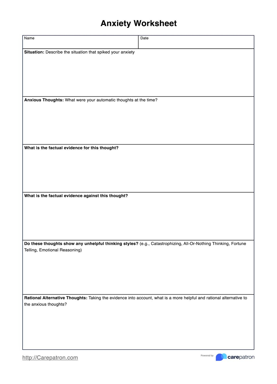Anxiety Worksheet Example Free PDF Download