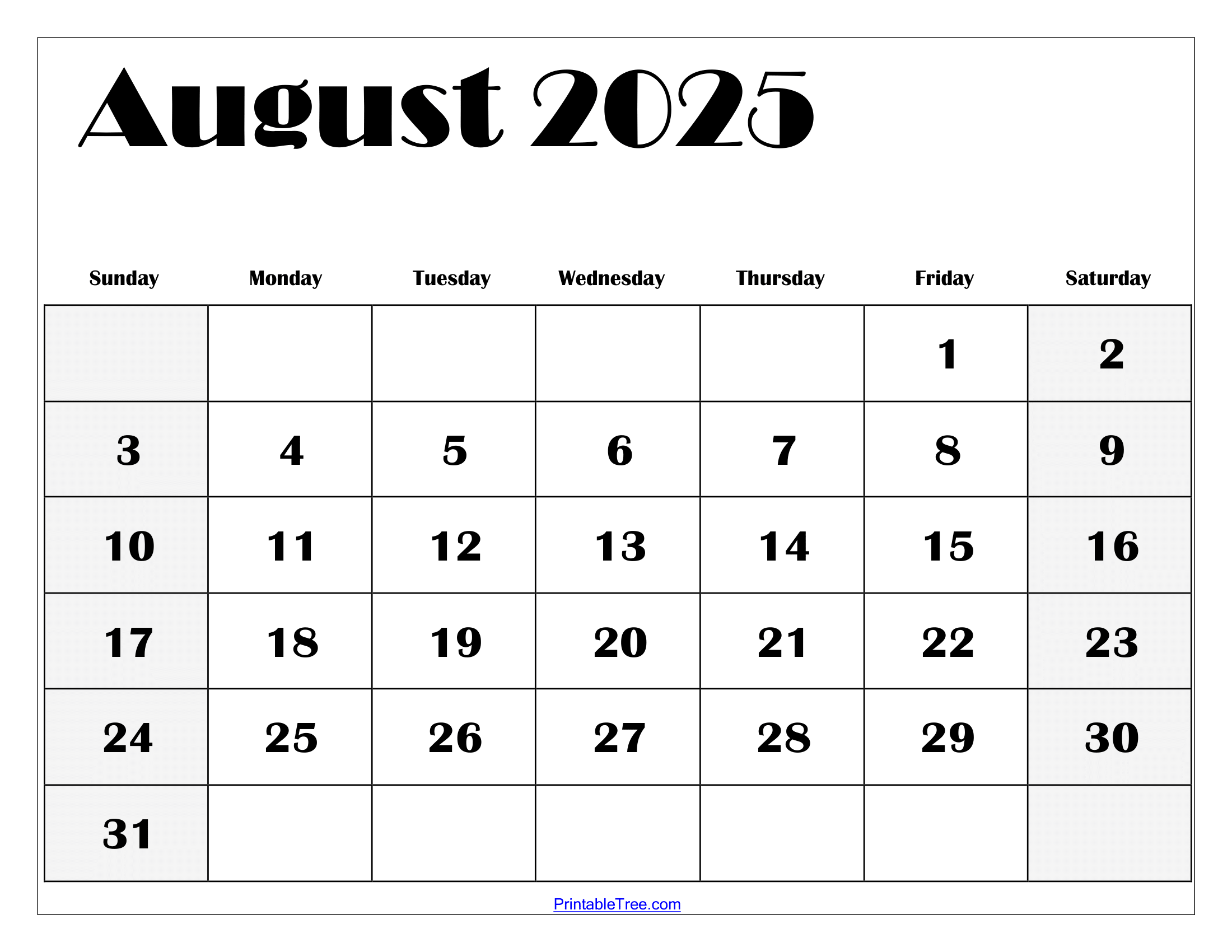 August Printable Calendar 2025