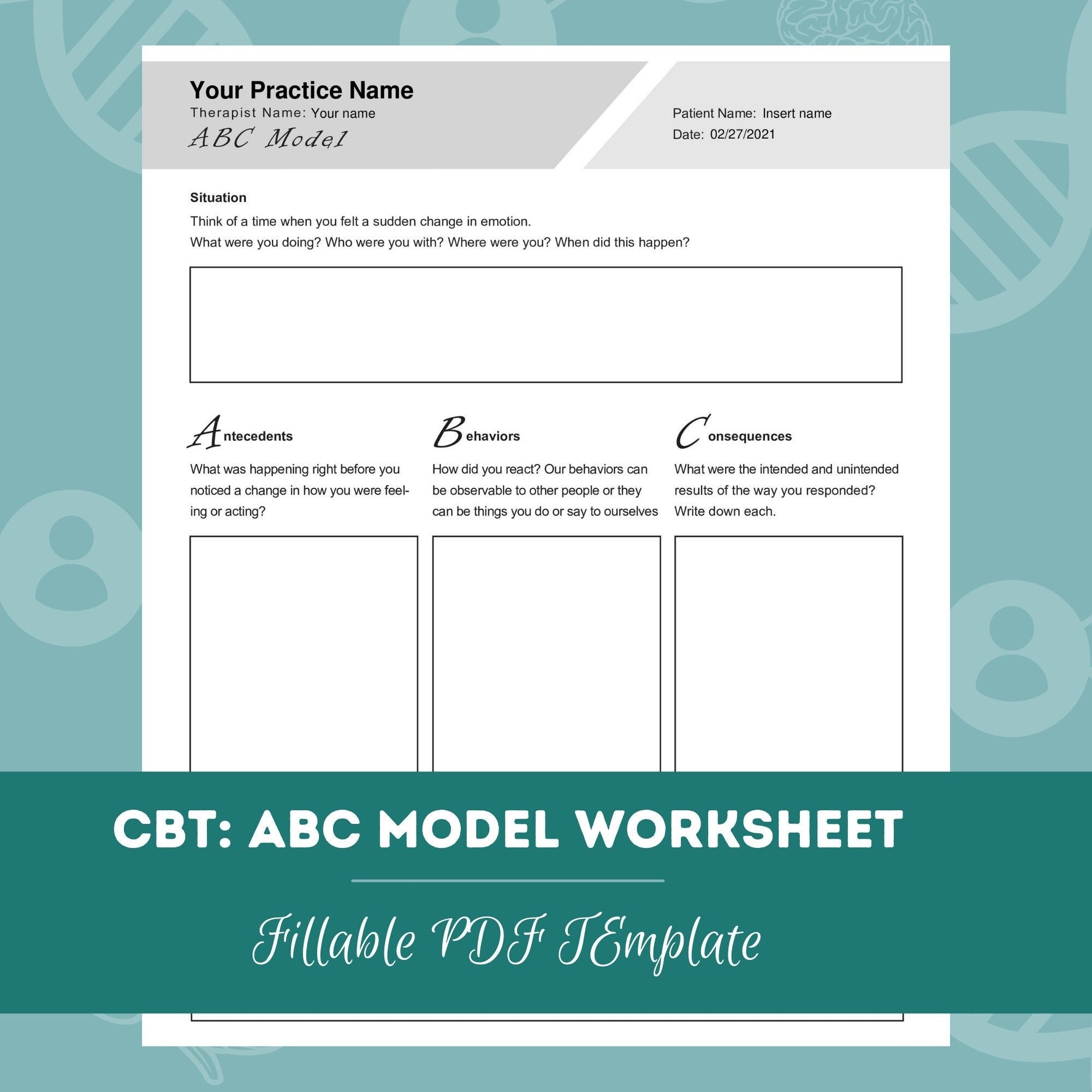 CBT ABC Model Worksheet Editable Fillable PDF For Counselors Psychologists Psychiatrists Social Workers Therapists Etsy