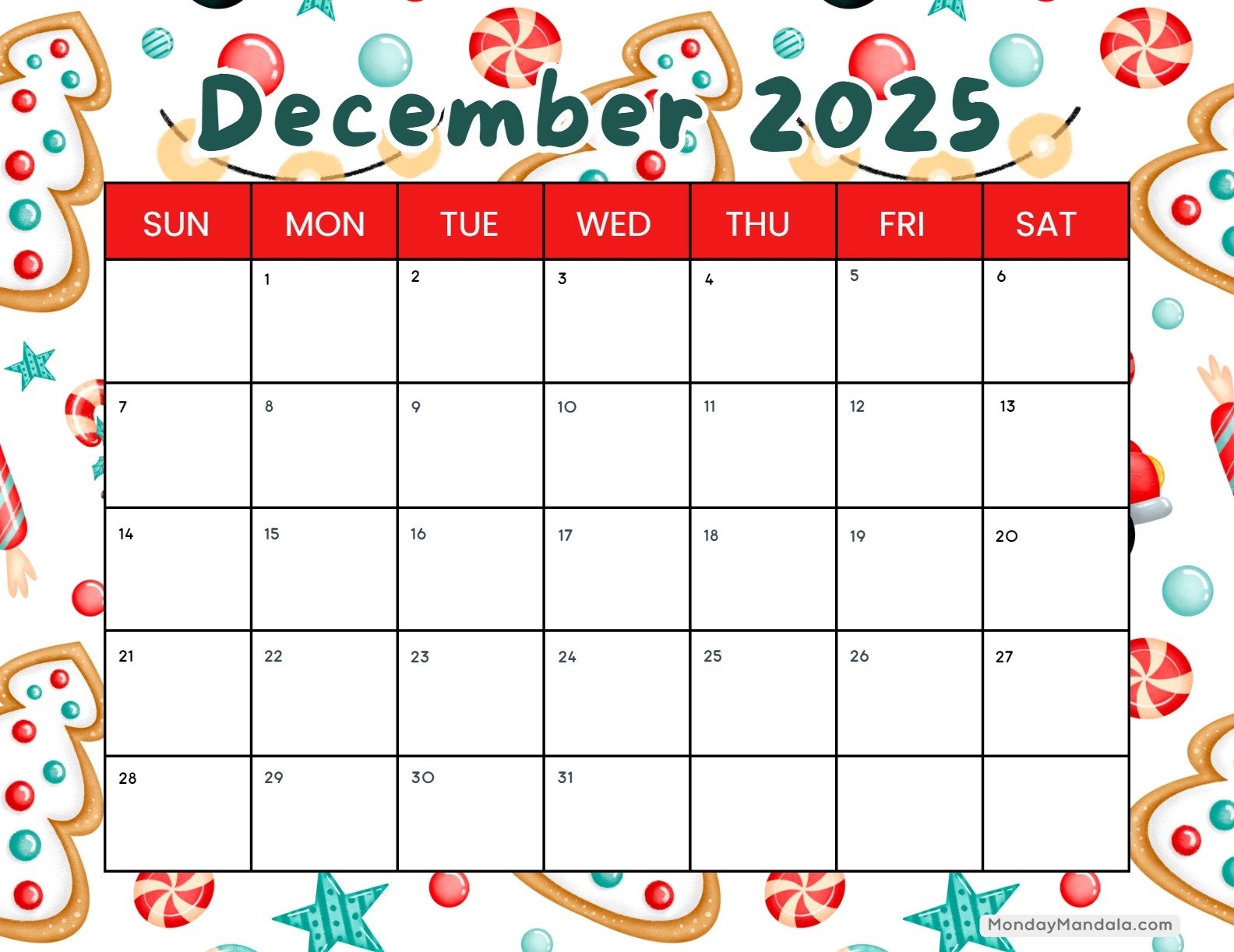 2025 December Calendar Printable