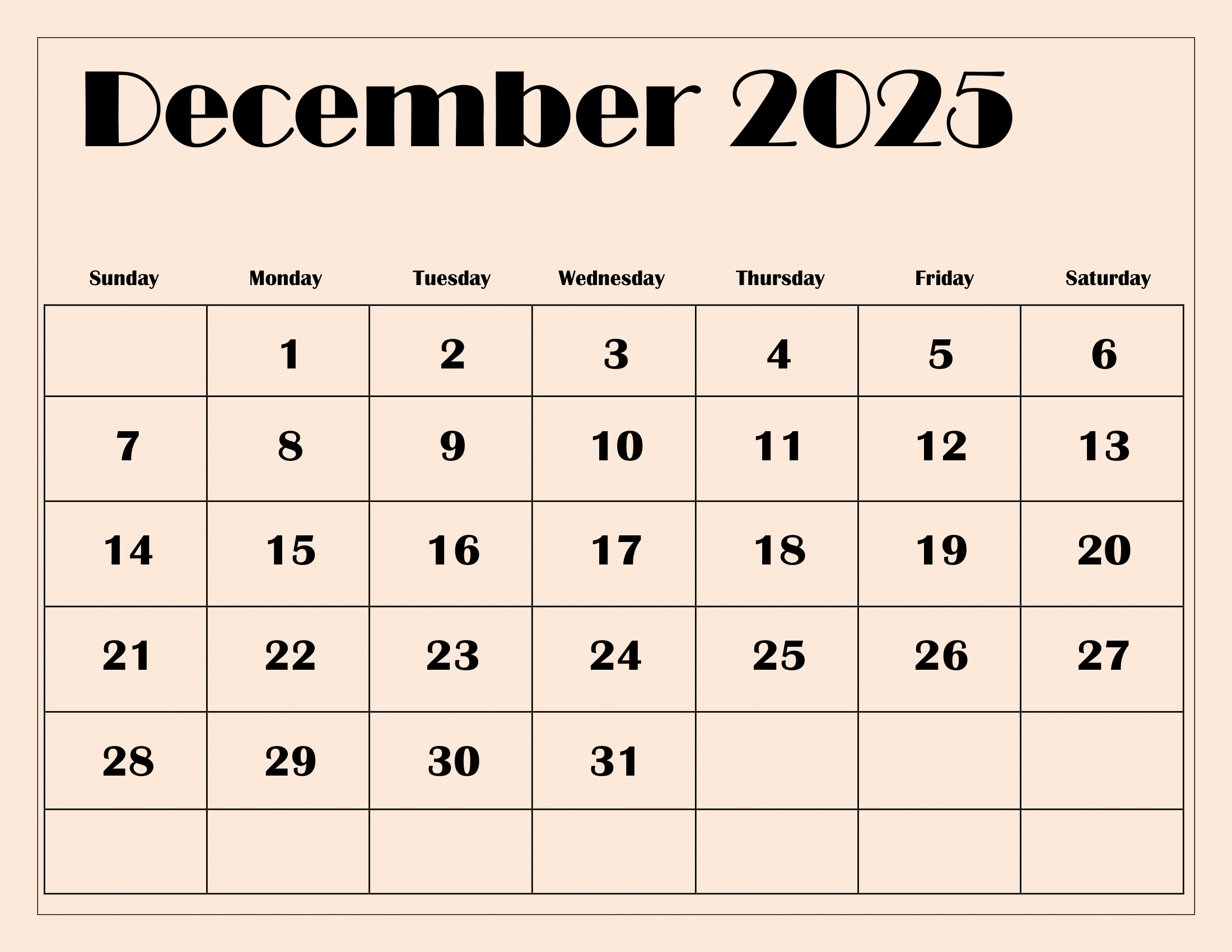 December 2025 Calendar Printable