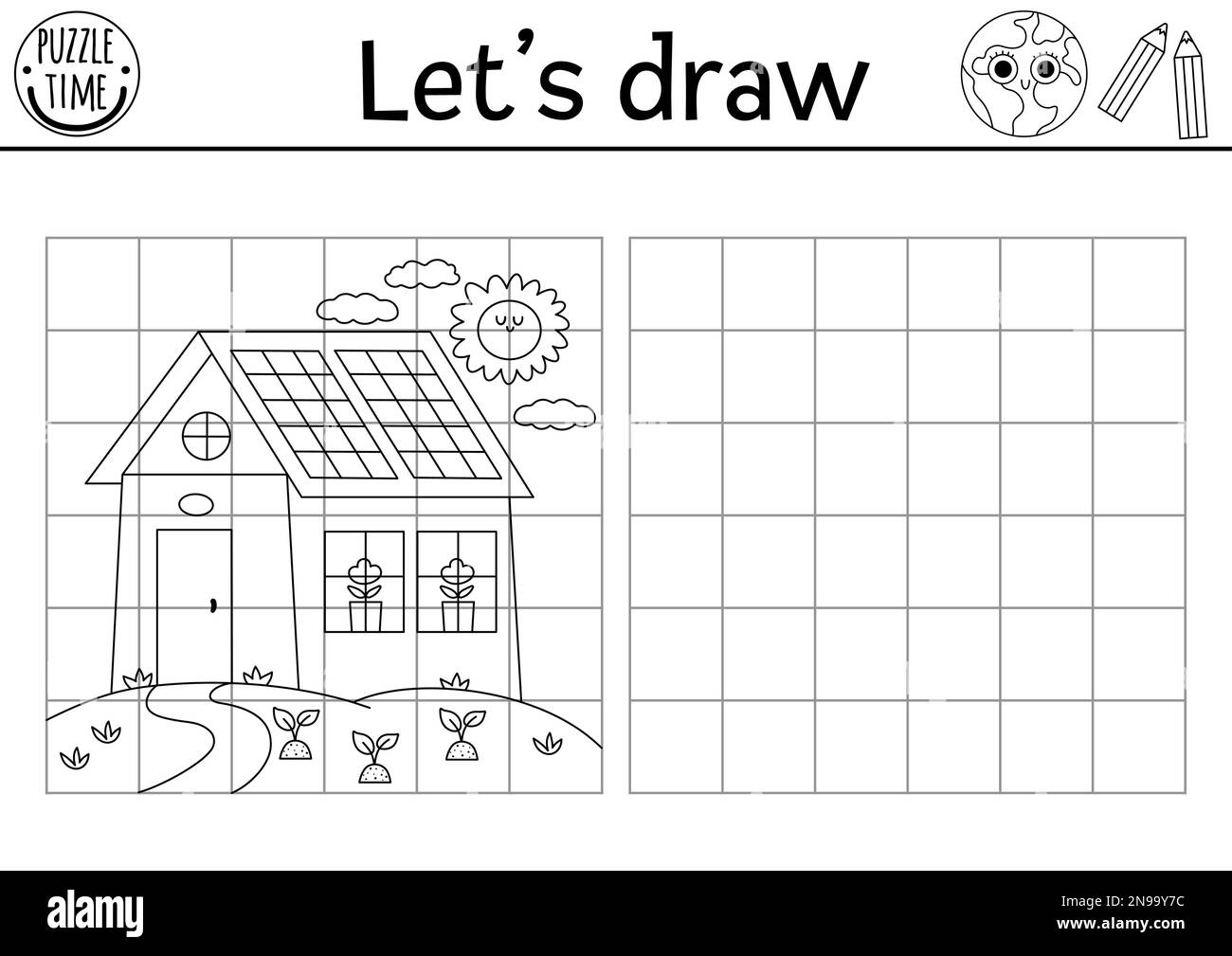 Draw The House Complete The Picture Vector Ecological Drawing Practice Worksheet Printable Black And White Activity For Kids With Cute Home Eco Aw Stock Vector Image Art Alamy