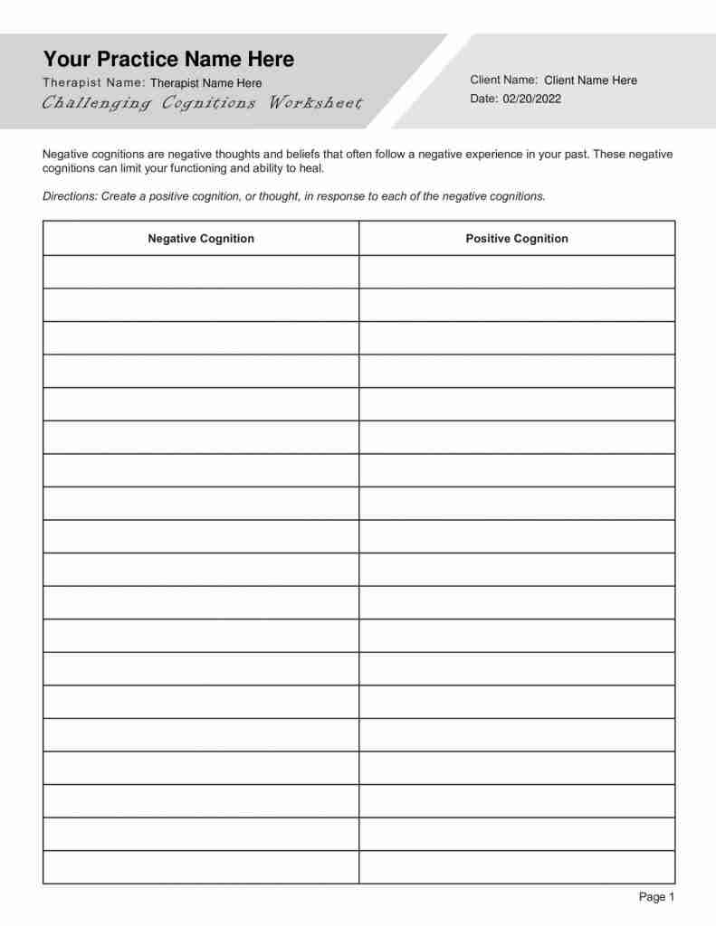 EMDR Challenging Cognitions Worksheet Editable Fillable Printable PDF TherapyPatron