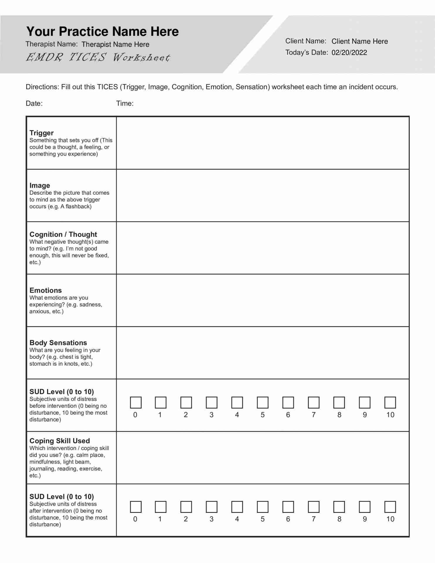 EMDR TICES Worksheet PDF 