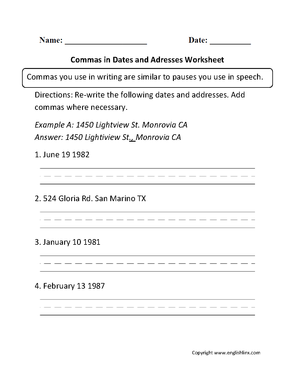 Free Printable Comma Worksheets