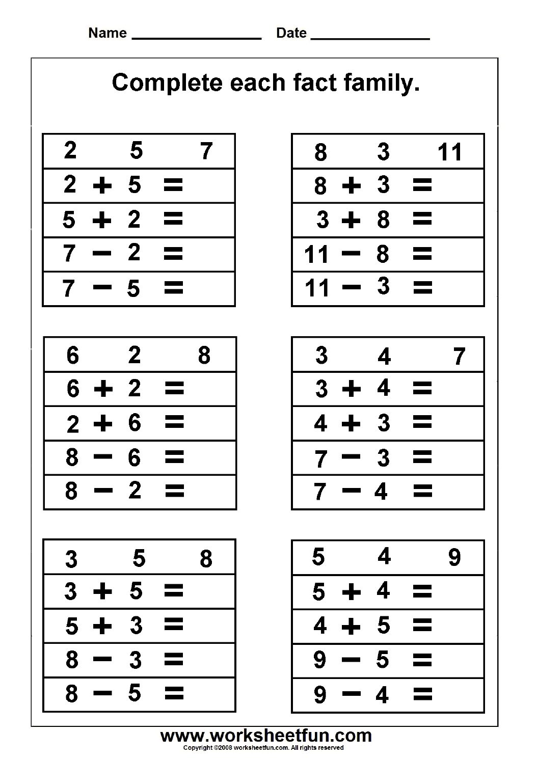 Fact Family Complete Each Fact Family 2 Worksheets FREE Printable Worksheets Worksheetfun