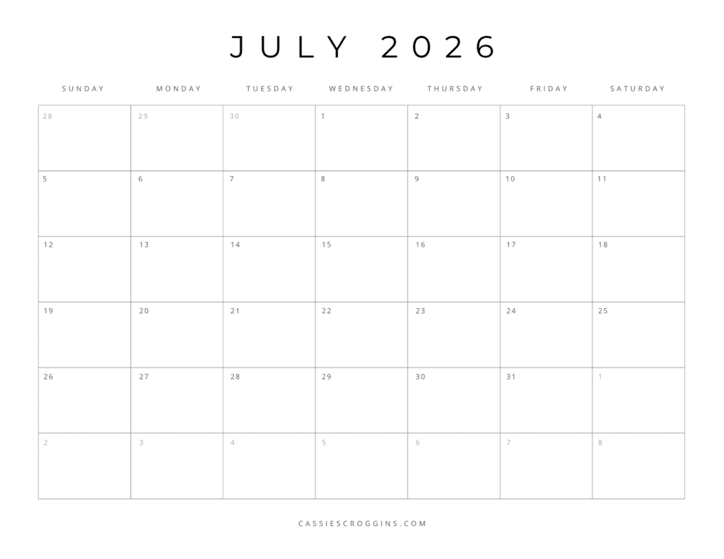 Free Printable 2026 Blank Calendar Templates All 12 Months 