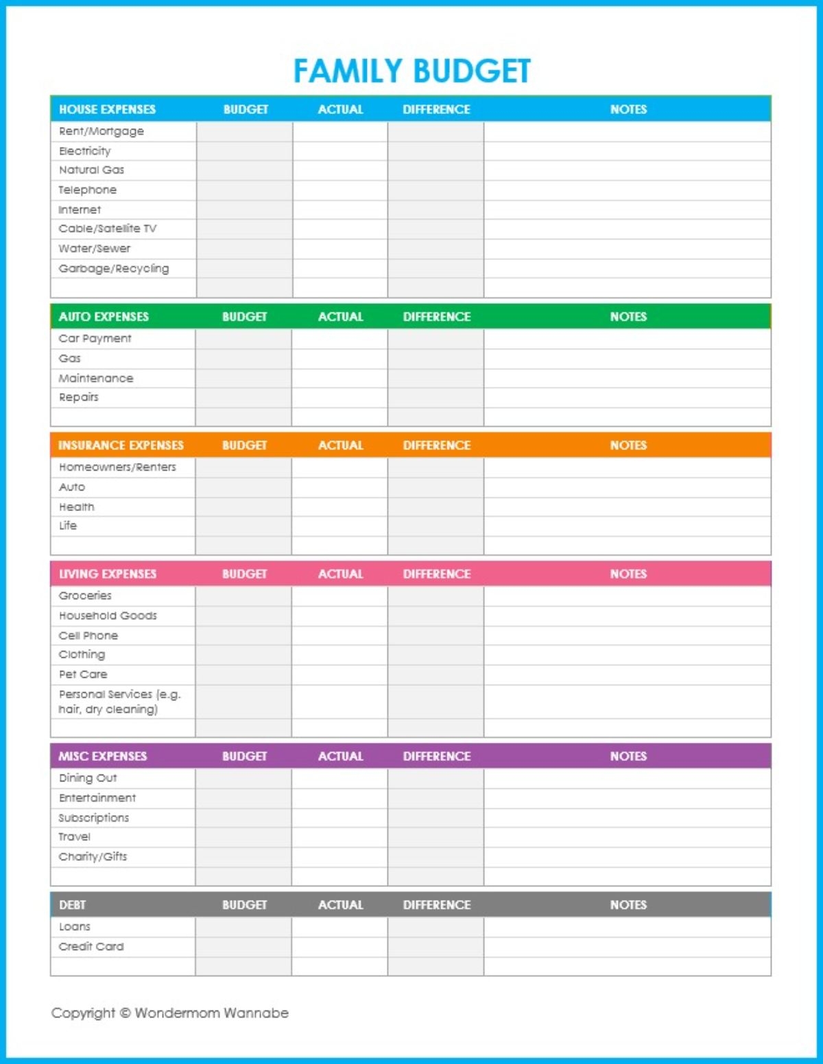 Budget Worksheet Printable Free