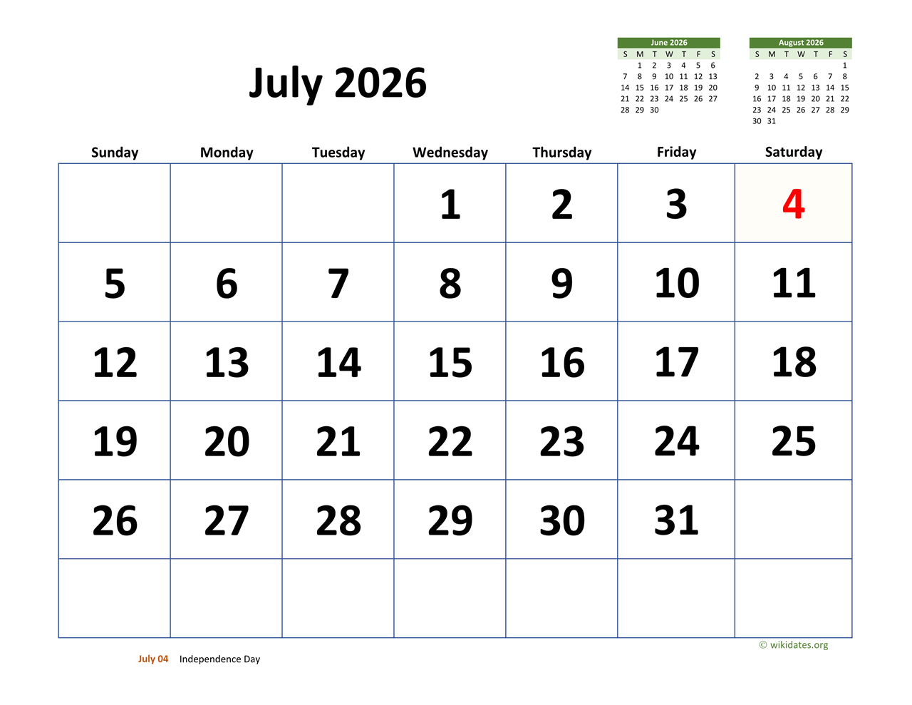 Printable Calendar 2026 July