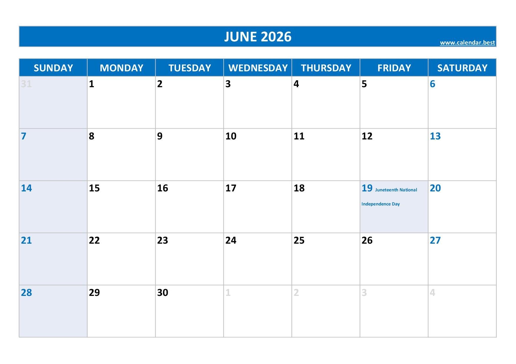 Blank June 2026 Calendar Printable Pdf