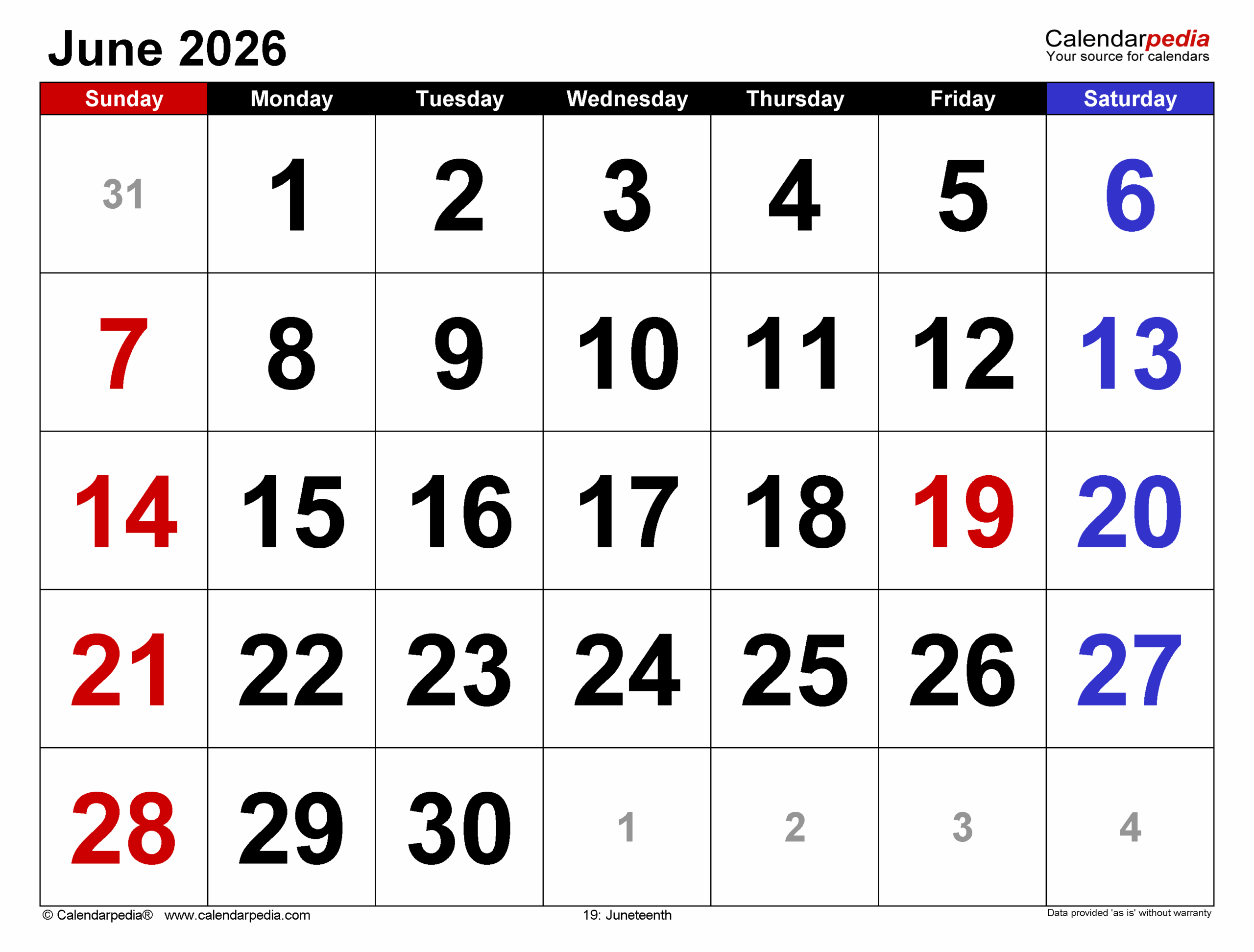 Free Printable June 2026 Calendar