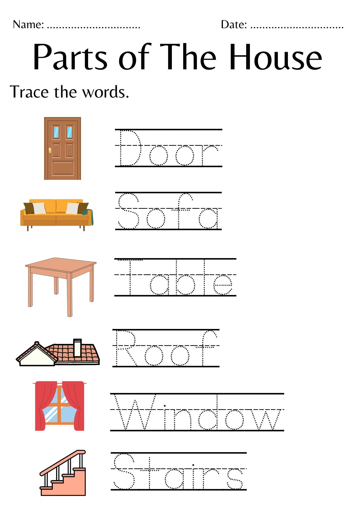 Matching Parts Of The House Worksheet For Kindergarten Trace Parts Of Home Made By Teachers