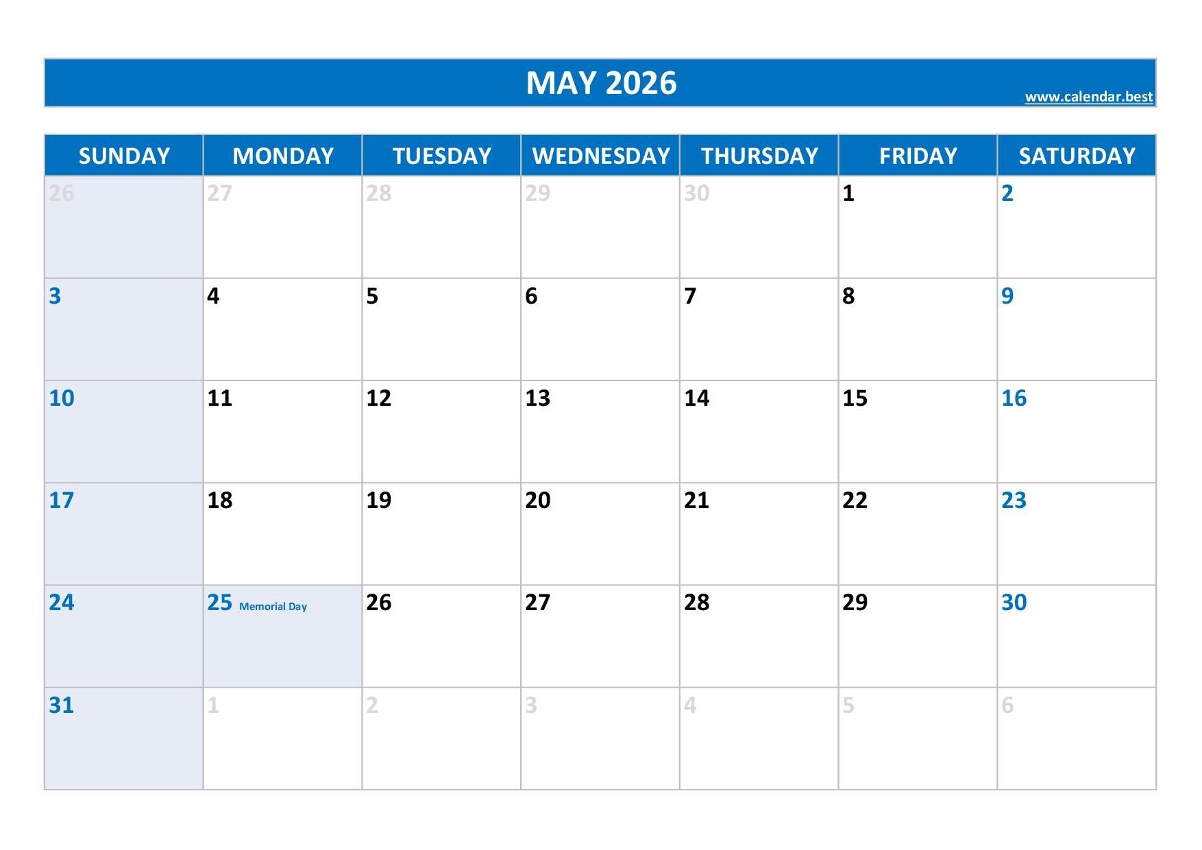 May 2026 Calendar With Holidays Printable
