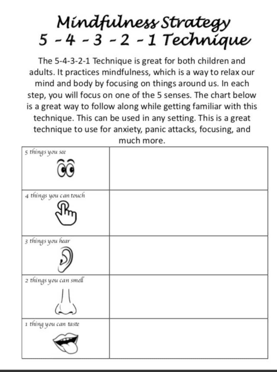 Mindfulness Worksheet Printable 5 4 3 2 1 Technique Etsy
