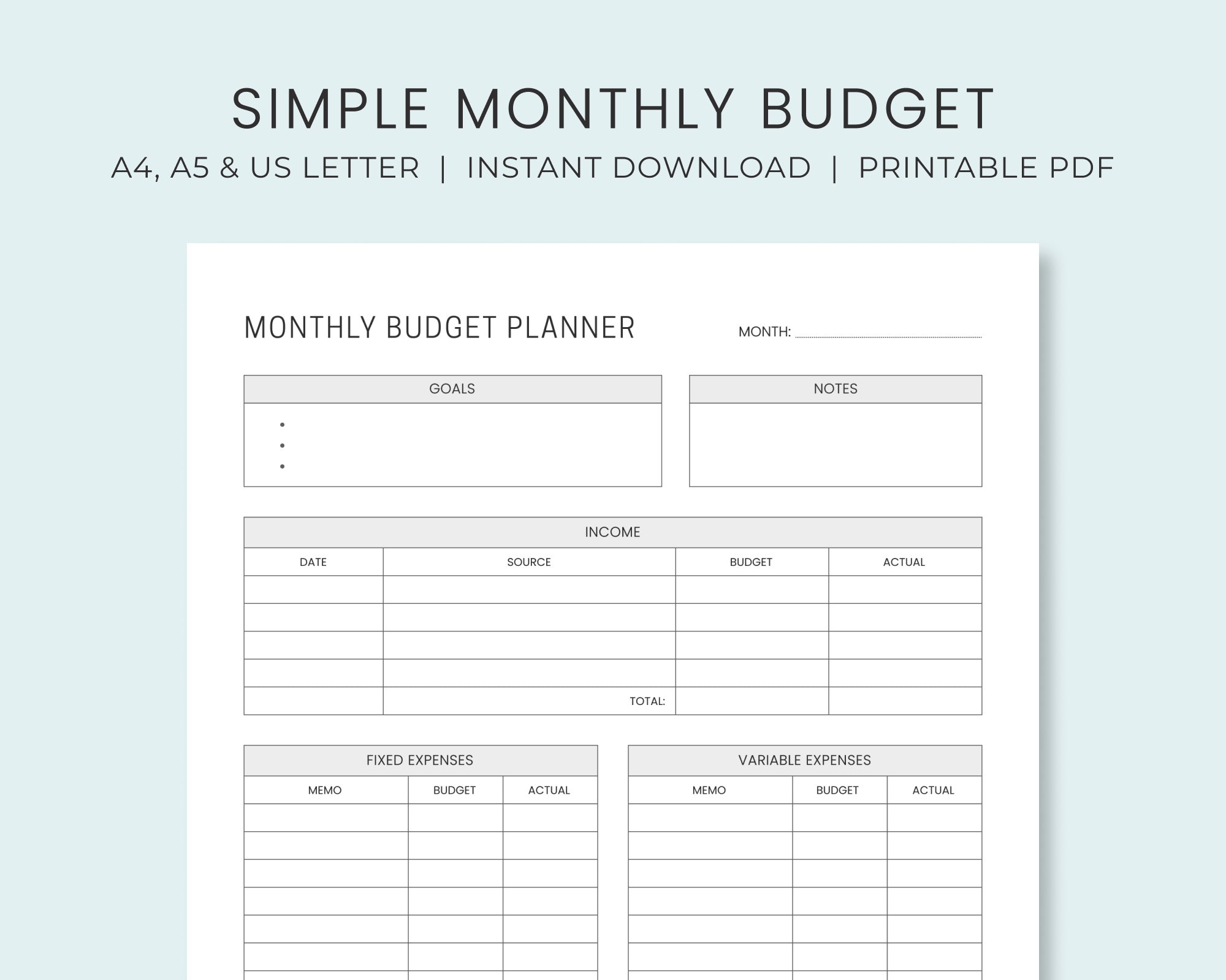 Monthly Budget Planner Printable Simple Budget Worksheet Personal Budget Template Instant Download Etsy