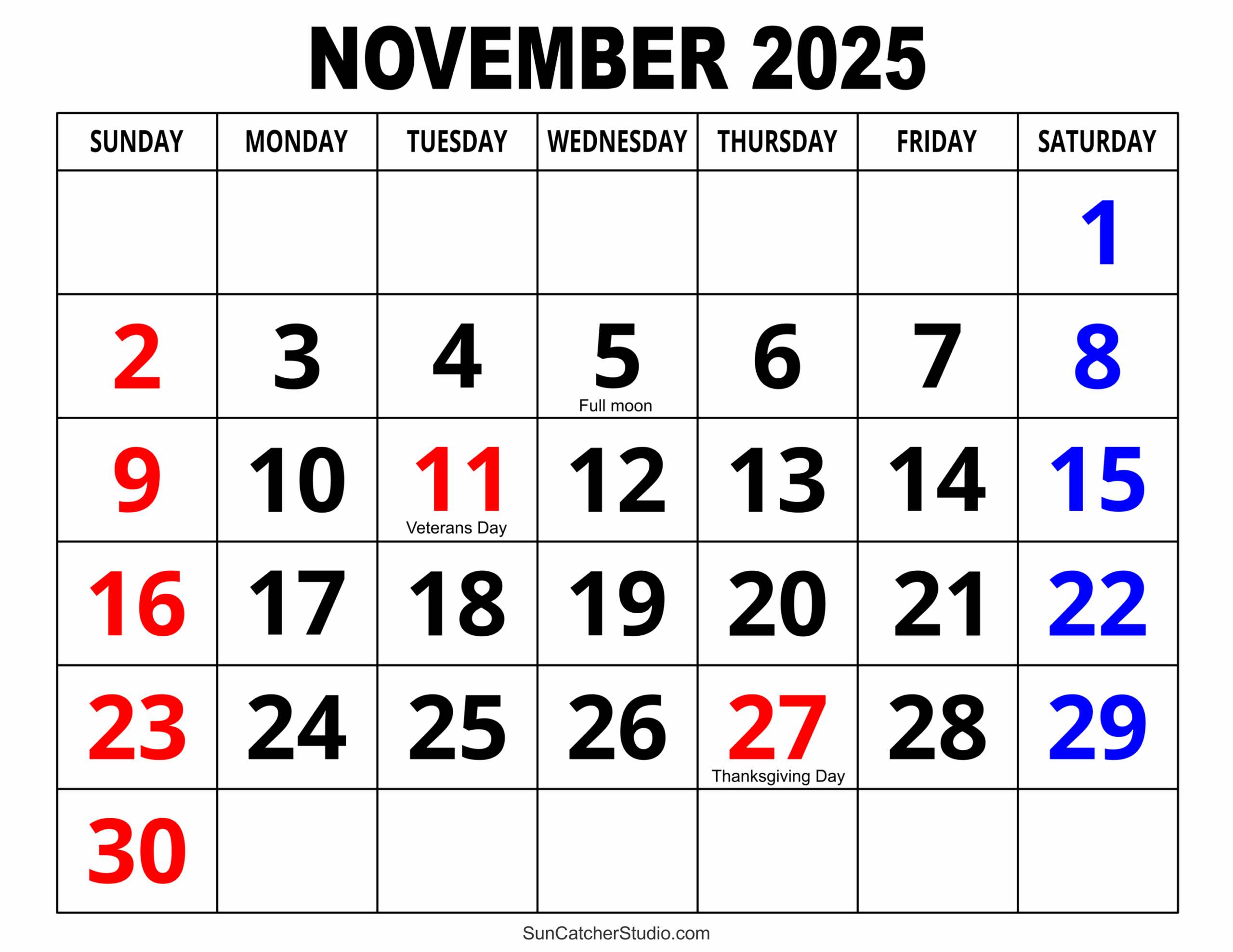 Nov Calendar 2025 Printable